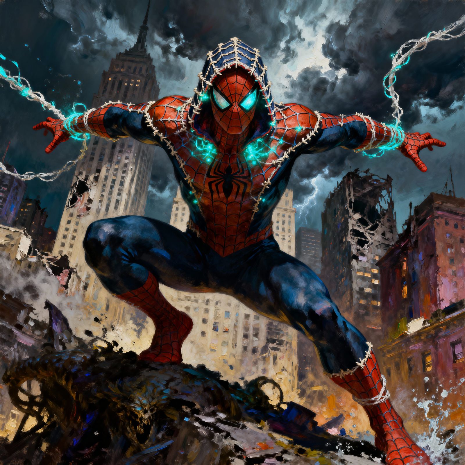 Spiderman's Heroic Moment in Vivid Oil Painting