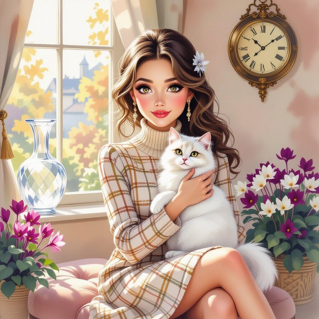 Woman with Cat in Retro Style Watercolor