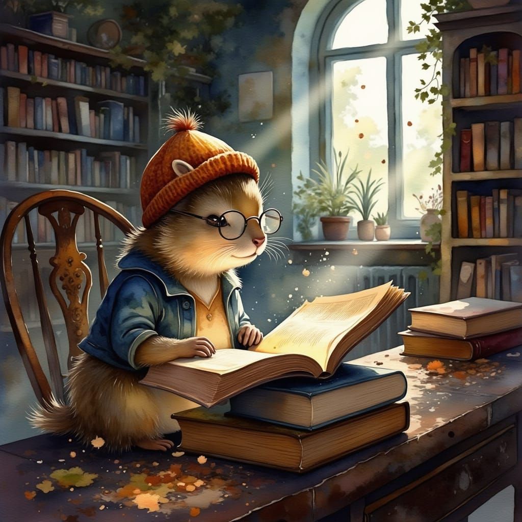 Whimsical Groundhog Reading in Cozy Library