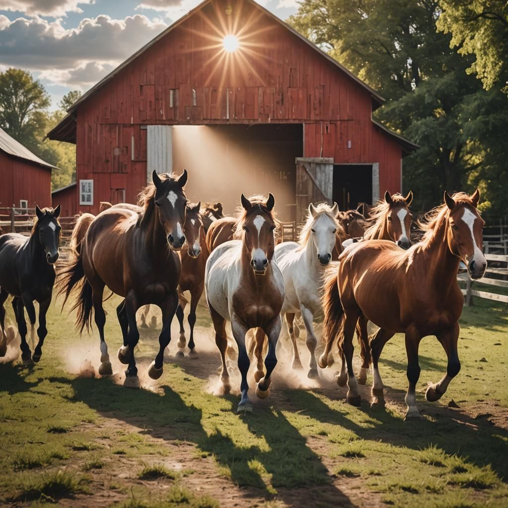 Horses Galloping Through Red Barn in Divine Light