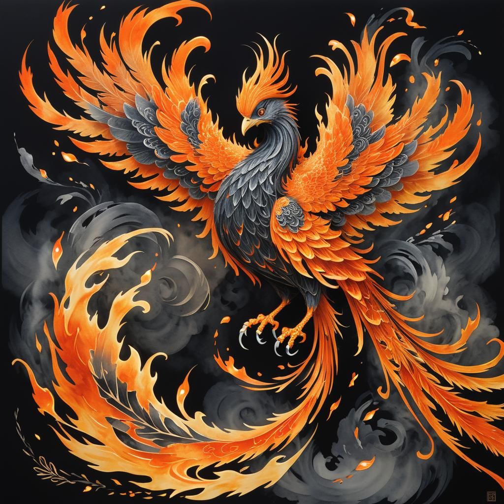 Fiery Phoenix in Sumi-e Style