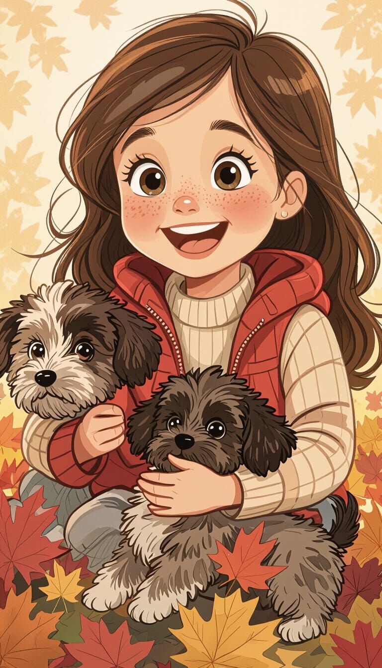 Girl Laughs Playing With Fluffy Puppy in Autumn Leaves