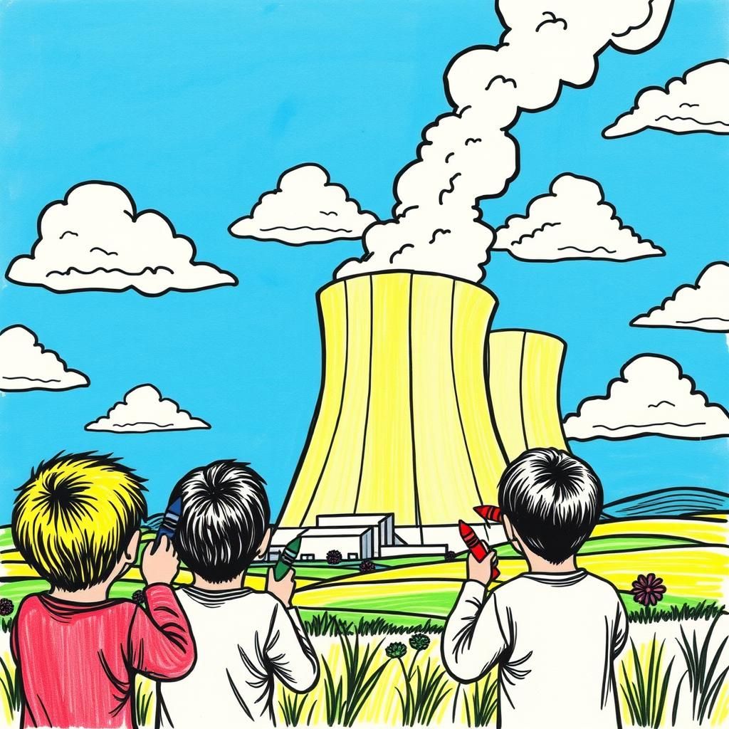 Children's Crayon Art: Coal Plant Under Blue Sky