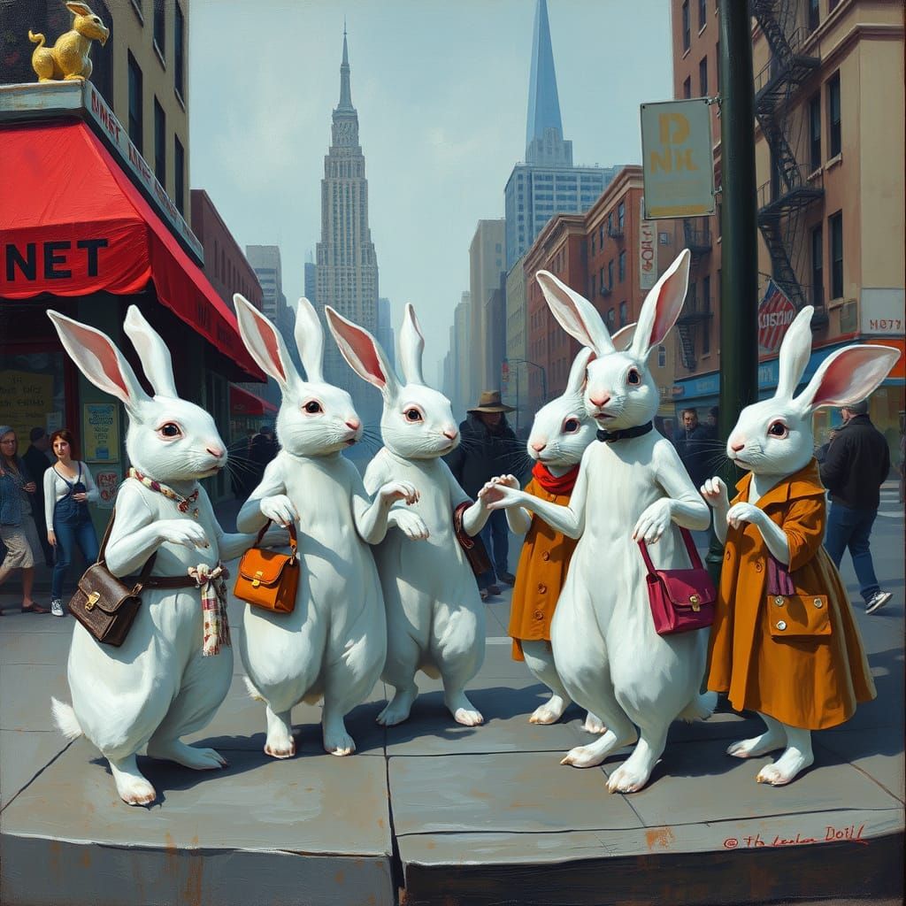 Surreal Rabbits Socialize in NYC Street Corner Oil Painting