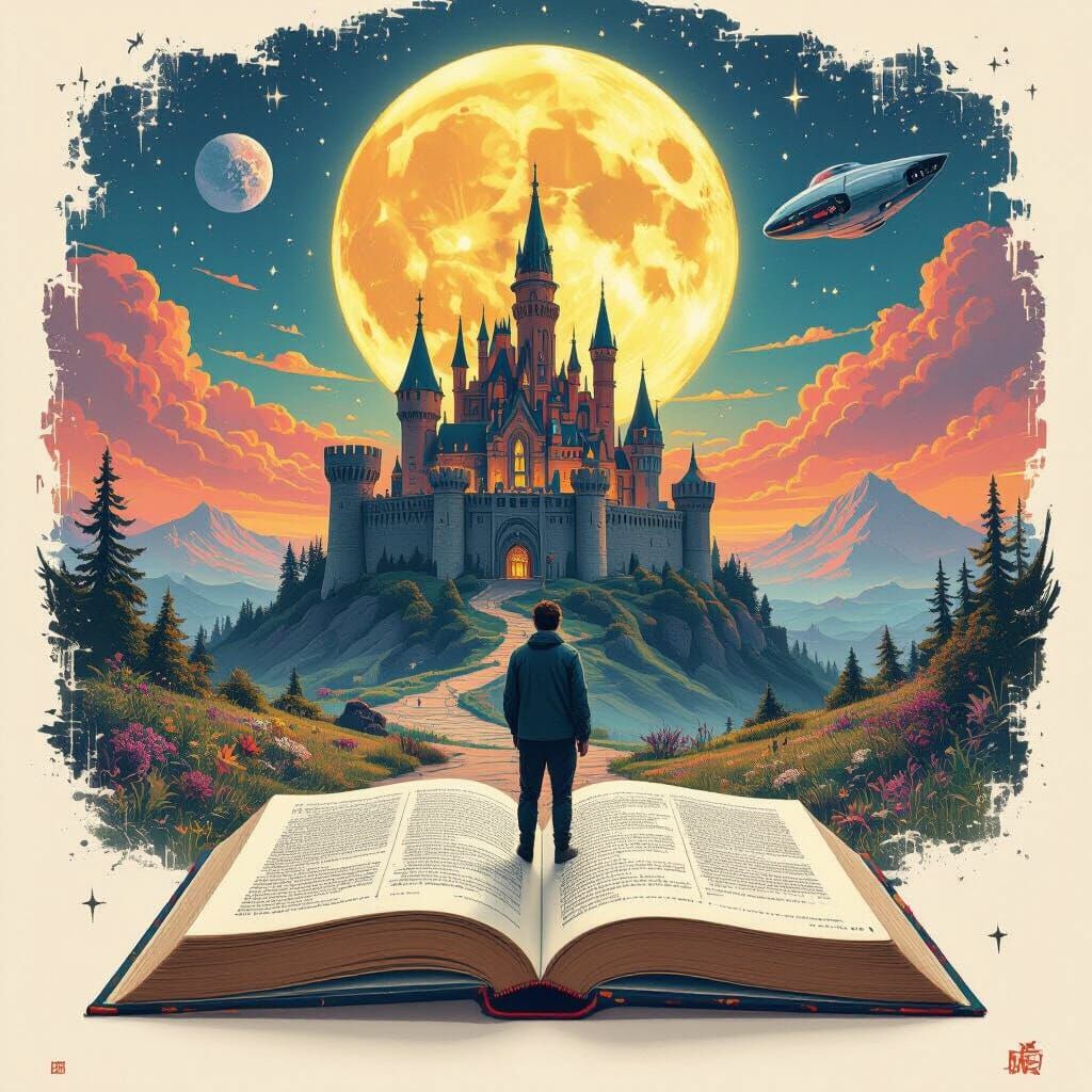 Fantastic Scene Inside Open Book, Digital Illustration