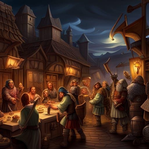 Medieval Feast with Dragon, Matte Painting Style