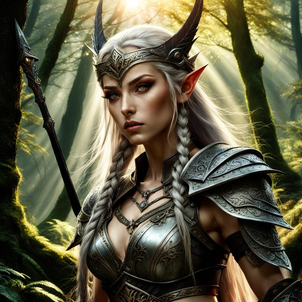 Stunning Warrior Elf in Forest, Photorealistic Digital Art