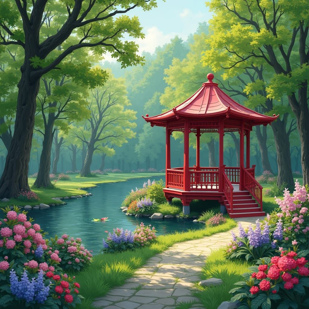 Red Gazebo in Lush Garden Park by River