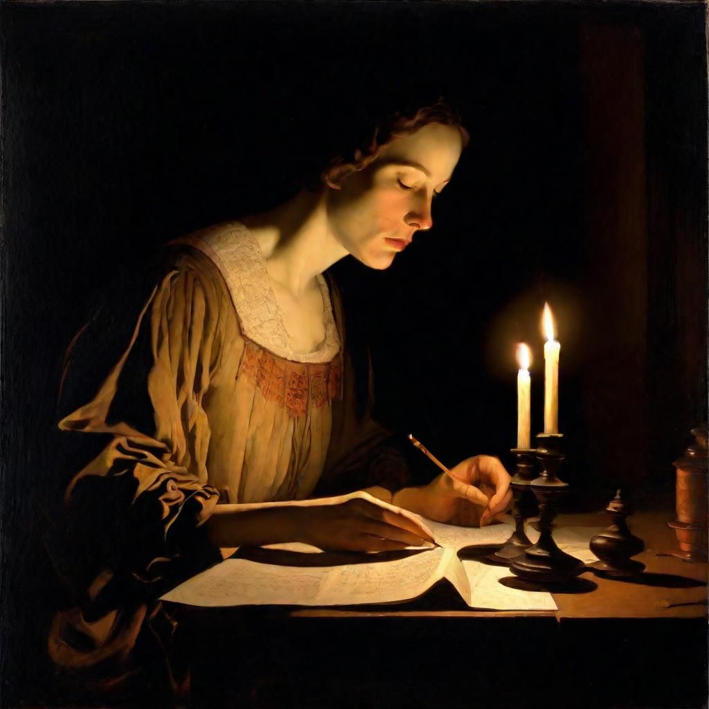 Woman Writing by Candlelight, Chiaroscuro Oil Painting
