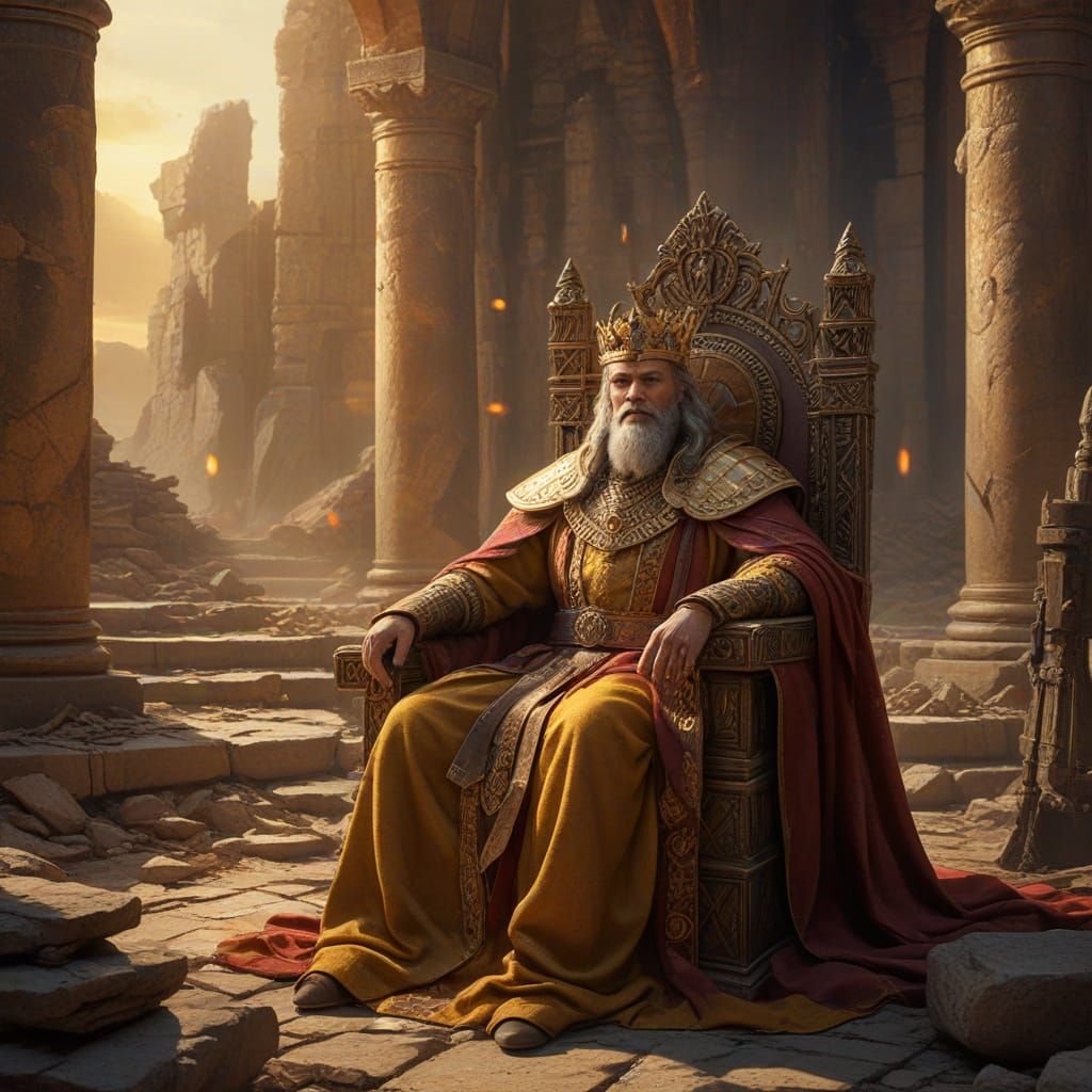 King on Throne Amidst Ruins in Oil Painting Style