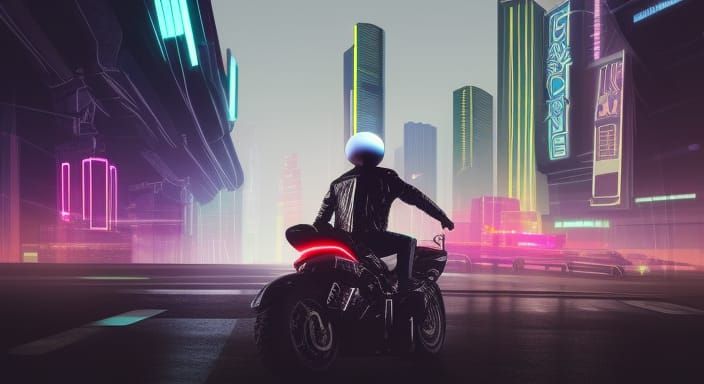 Cyberpunk Rider Escapes Through Dystopian City