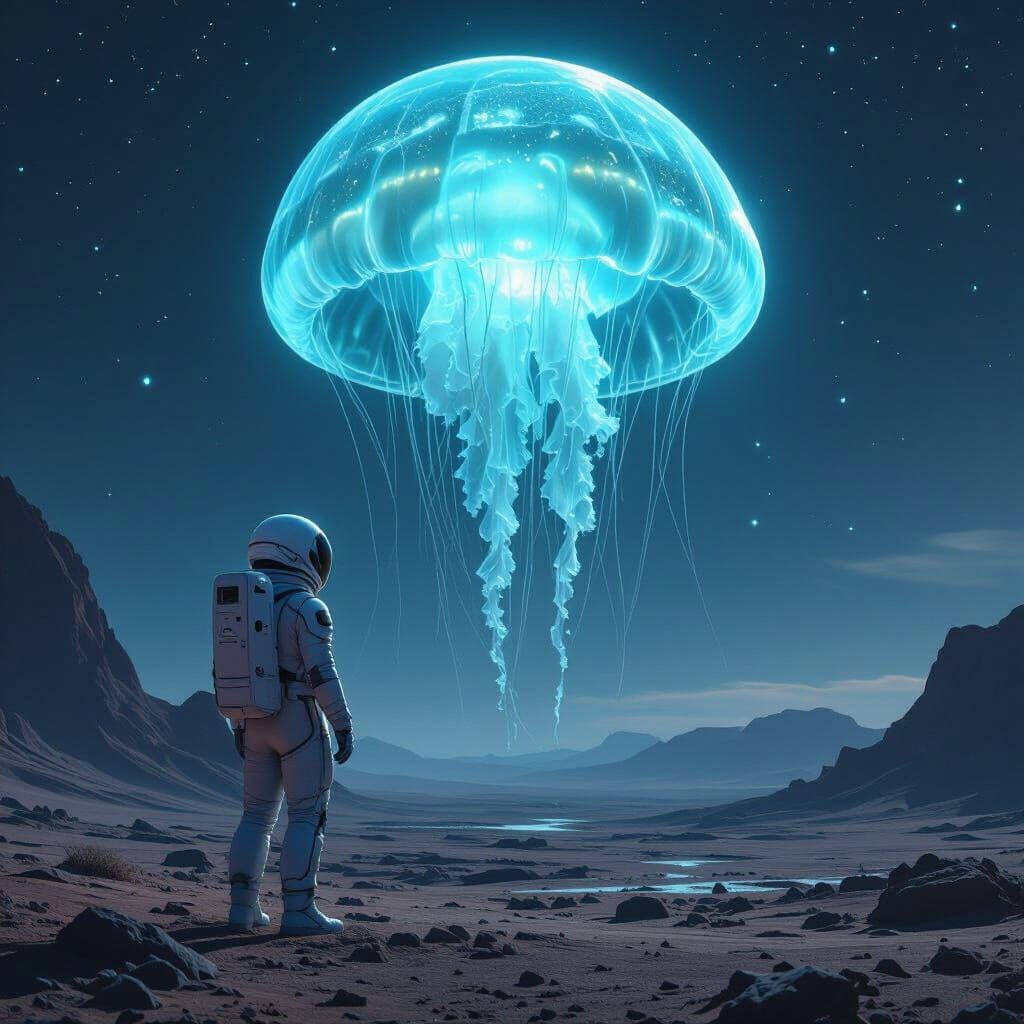 Astronaut and Bioluminescent Jellyfish on Alien Planet