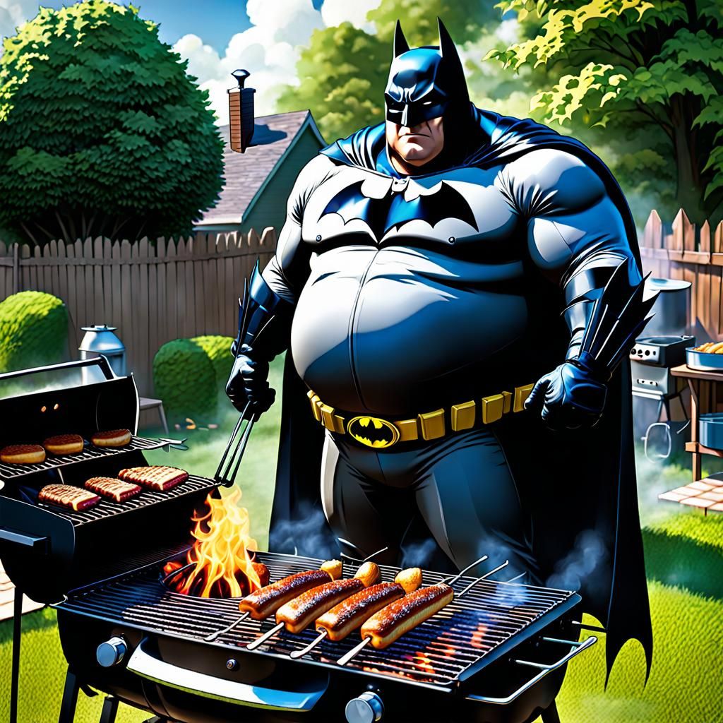 Humorous Overweight Batman BBQ Caricature