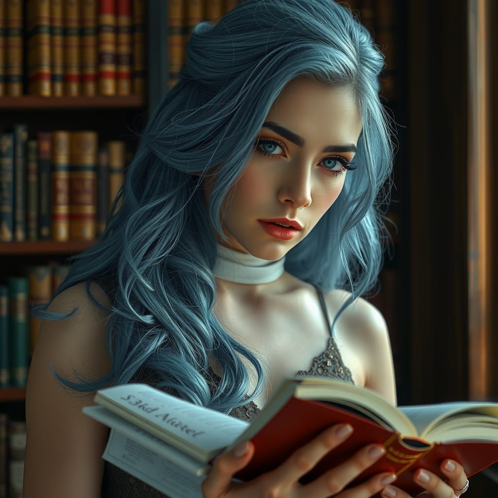 Beautiful woman bluesky hair, reading a book in a library