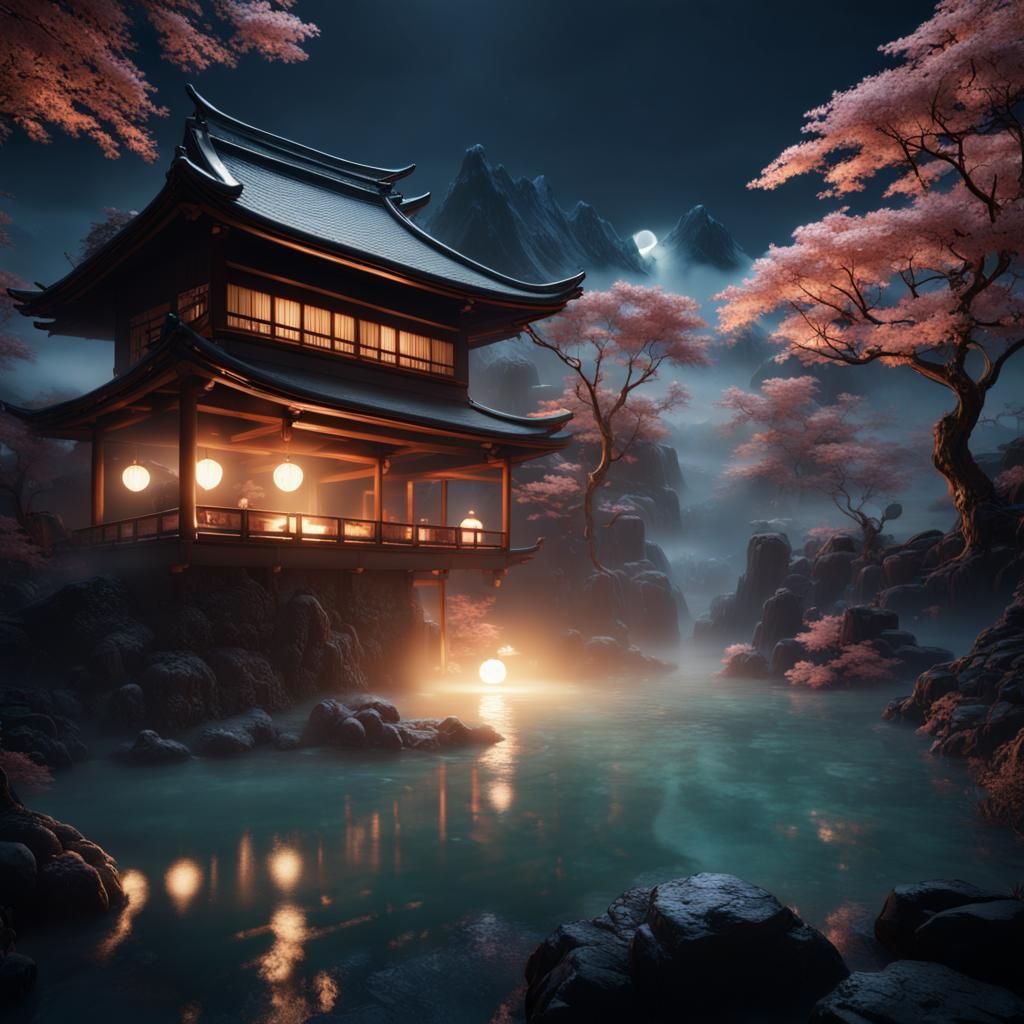 Moonlit Japanese Hot Springs: Detailed Matte Painting
