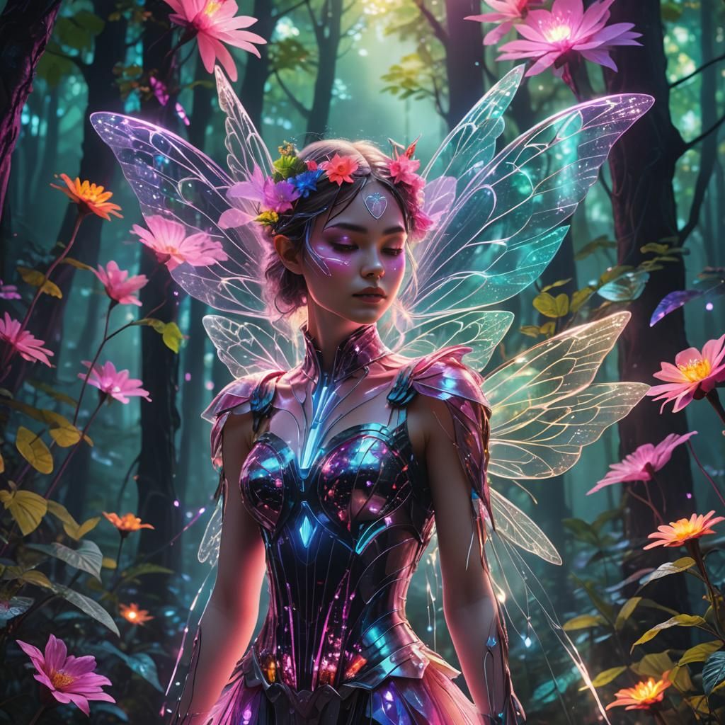 Neon Fairy in a Retro-Futuristic Forest