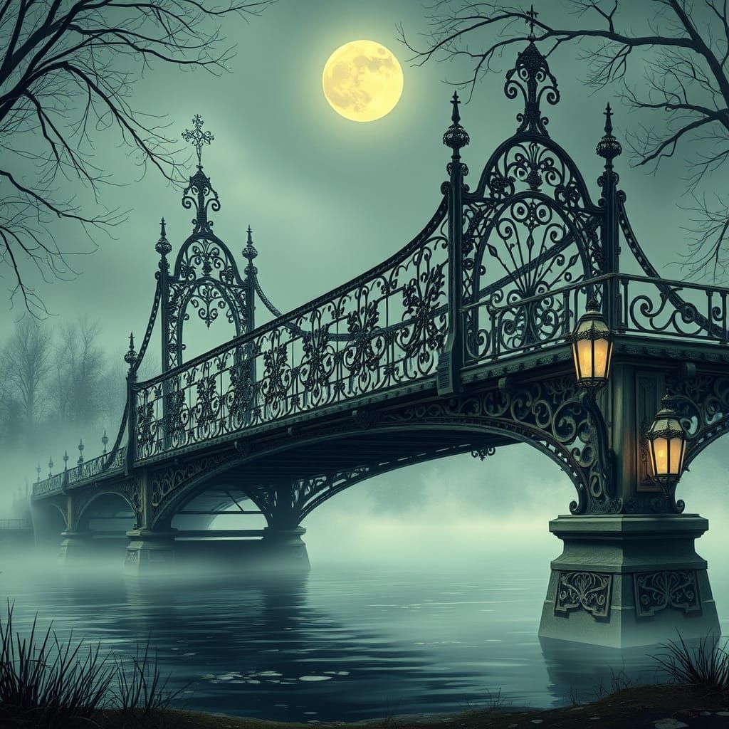 Victorian Era Bridge with Ornate Filigree and Moonlit Lake