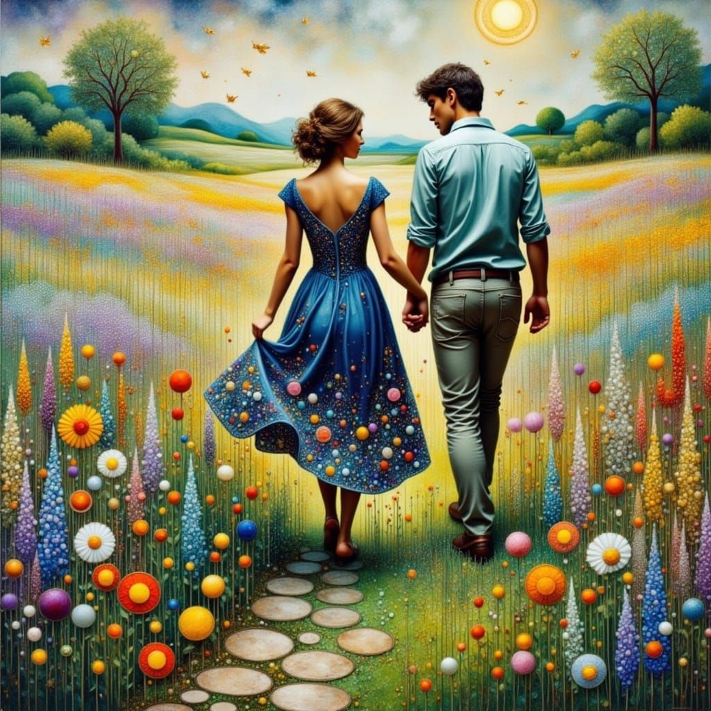 Romantic Oil Painting of Lovers in a Wildflower Field