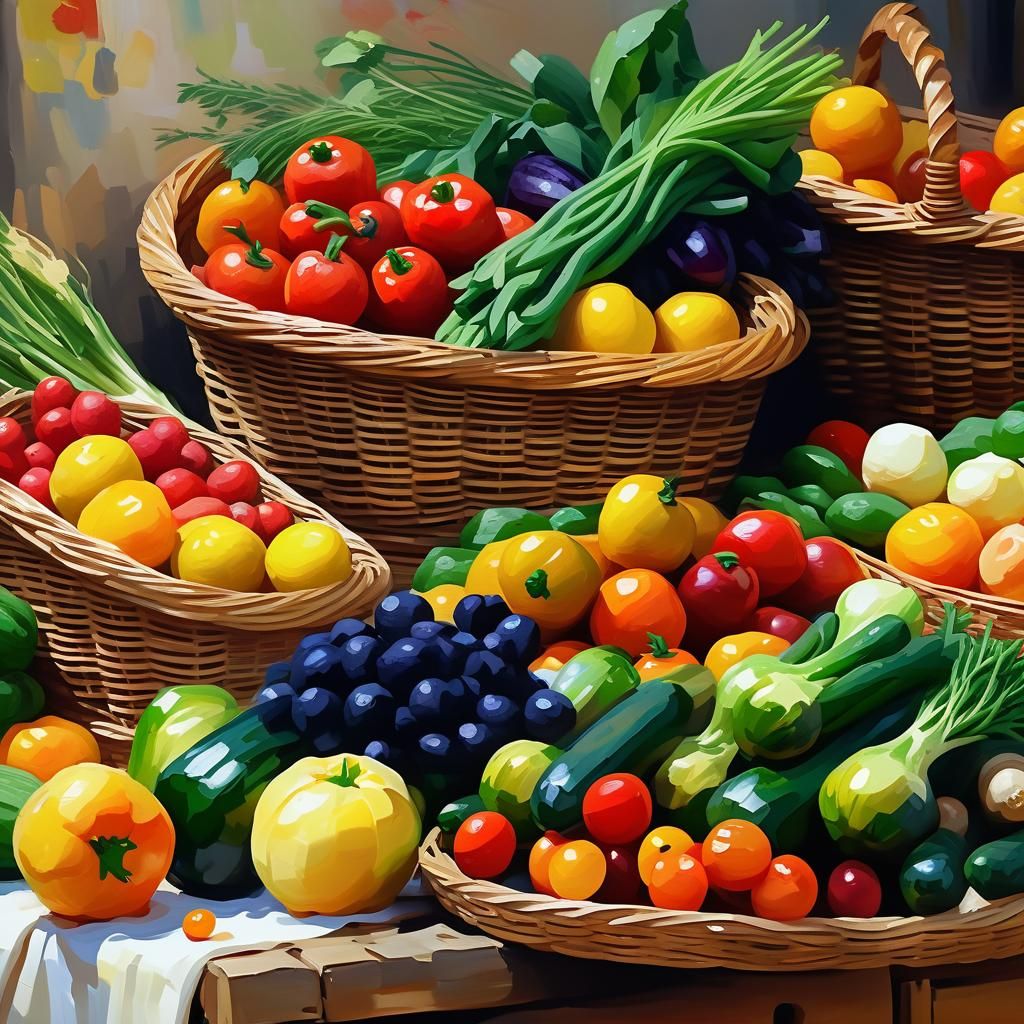 Impressionist Vegetable Market Still Life in Oils