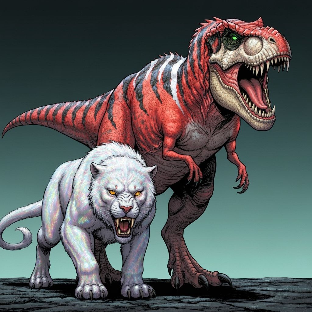 Colossal T-Rex and Cave Lion in Comic Book Style