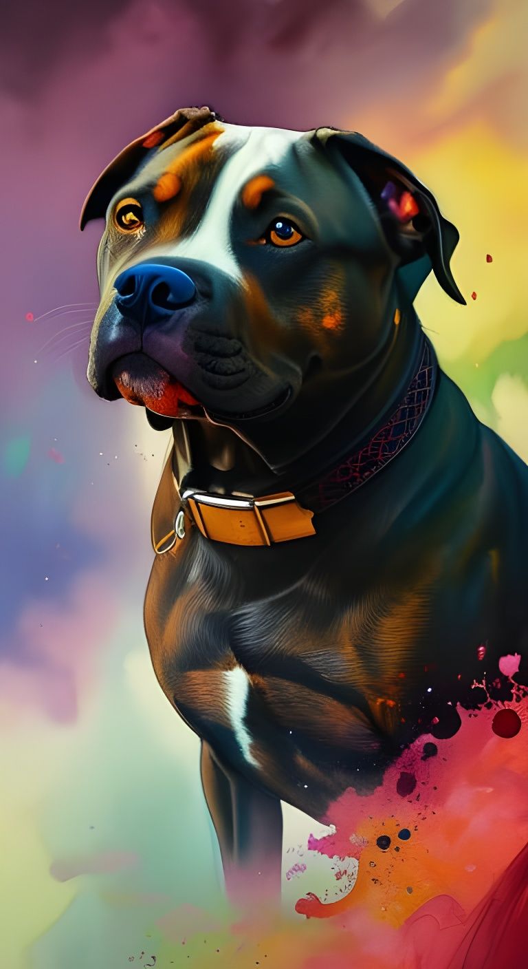 Happy Pit Bull Portrait in Watercolor with Ink Splash