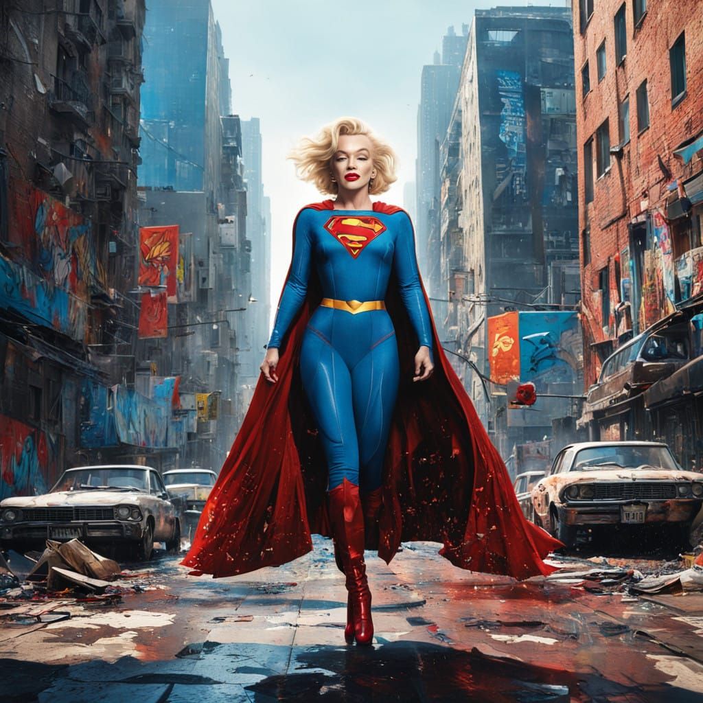 Marilyn Monroe as Supergirl Soars Over Vibrant Cityscape