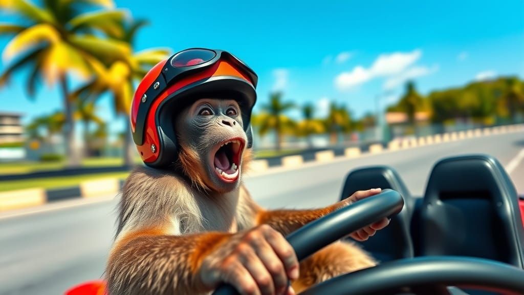 Excited Monkey Races Go-Kart in Photorealistic Style