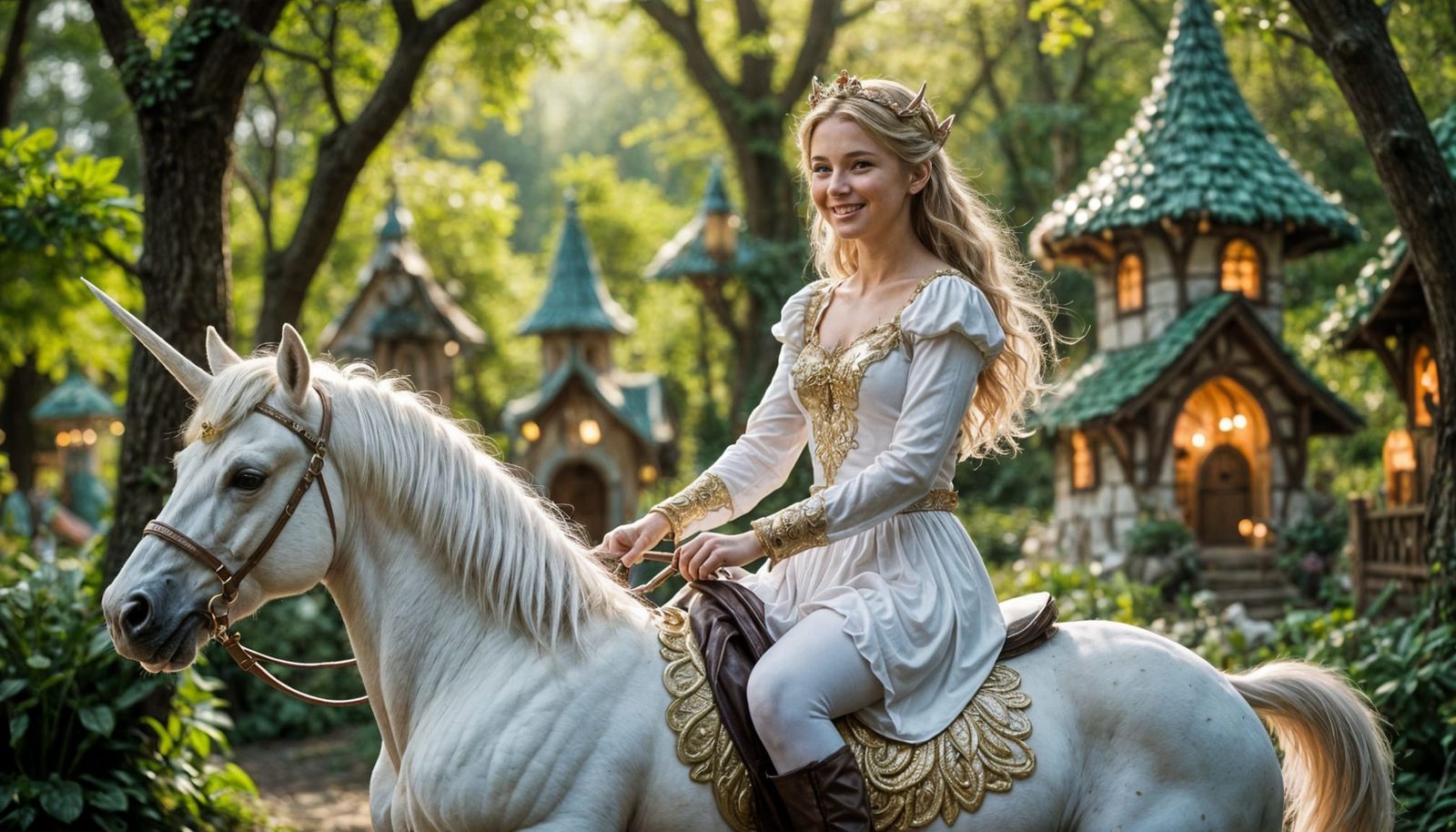 Fairy Princess on Unicorn in Enchanted Forest