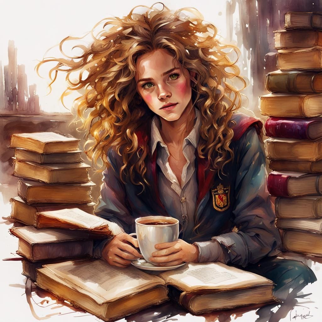 Hermione Granger Sleepy with Coffee, Digital Art