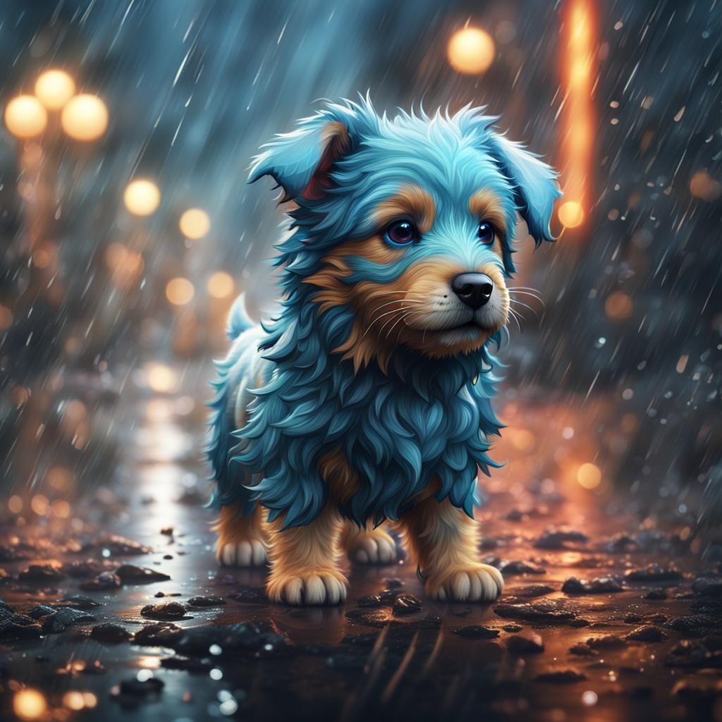 Adorable Fluffy Puppy in the Rain: Fantasy Concept Art