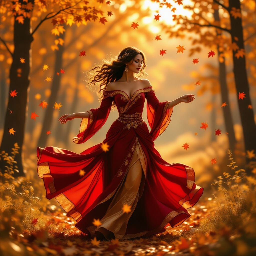 Woman Dancing in Autumn Forest, Hyperrealistic Style