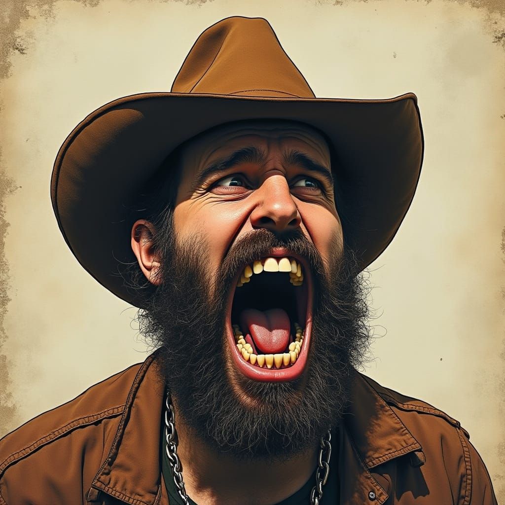 Furious Man Yelling with Tiny Hat, Gritty Art