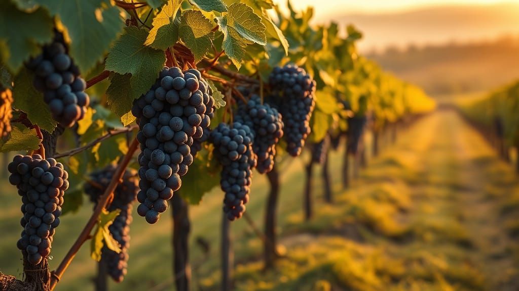 Vast Vineyard Landscape with Grapes at Golden Hour