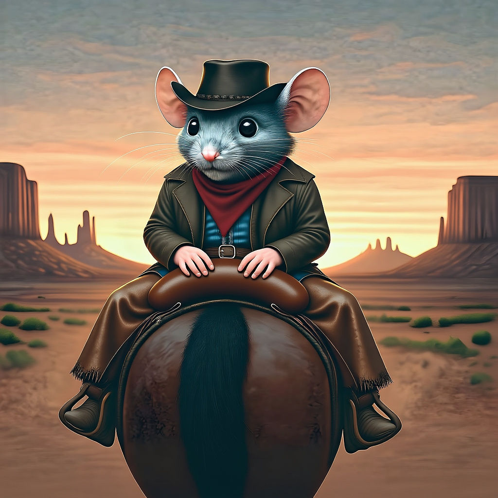 Mouse Cowboy Rides Horse Backwards in Old West Sunset