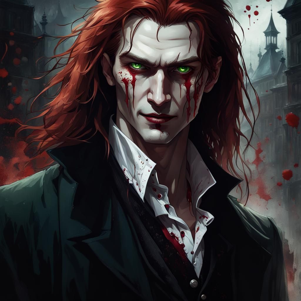Young, tall with long red hair male vampire with handsome face. He has green eyes. He is wearing long black coat and whi...
