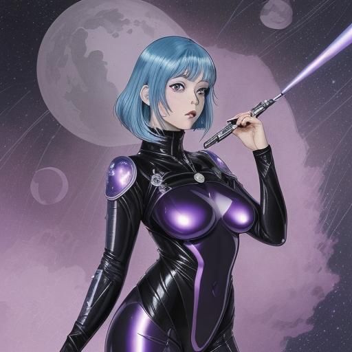 Chaotic pen and ink anime illustration of an iridescent purple and black steel tight space suit worn by a woman with pas...