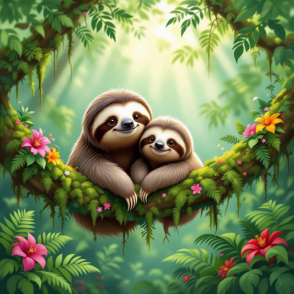Heartwarming Sloth Family Digital Painting