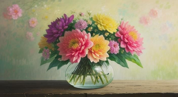Dahlia Bouquet Still Life as Impressionist Oil Painting