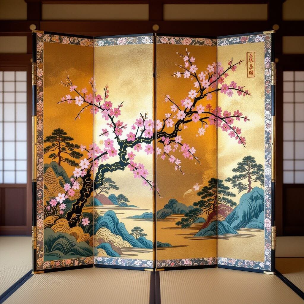 Antique Japanese Screen with Gold Leaf and Cherry Blossoms