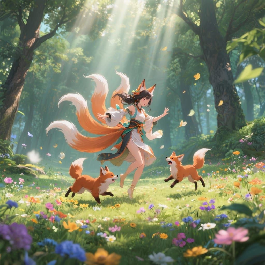 Kitsune and fox pups playing together in a forest clearing