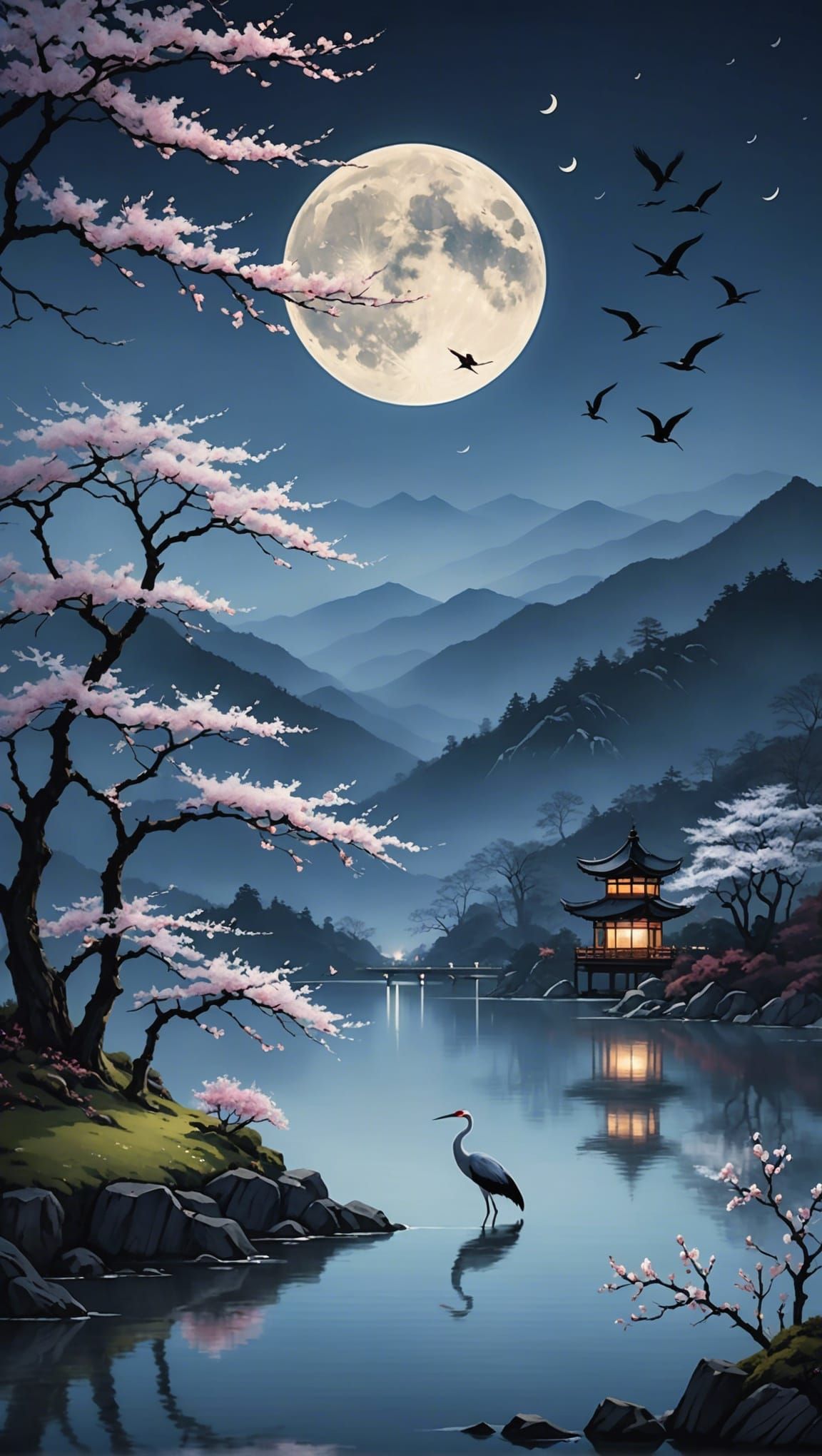 Moonlit Crane in Spring Landscape