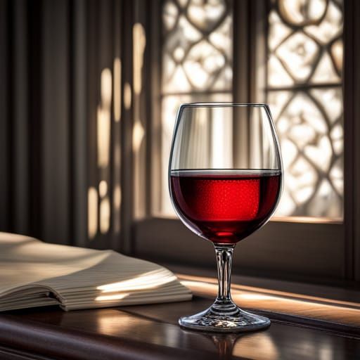 Dramatic Gothic Window Scene with Red Wine