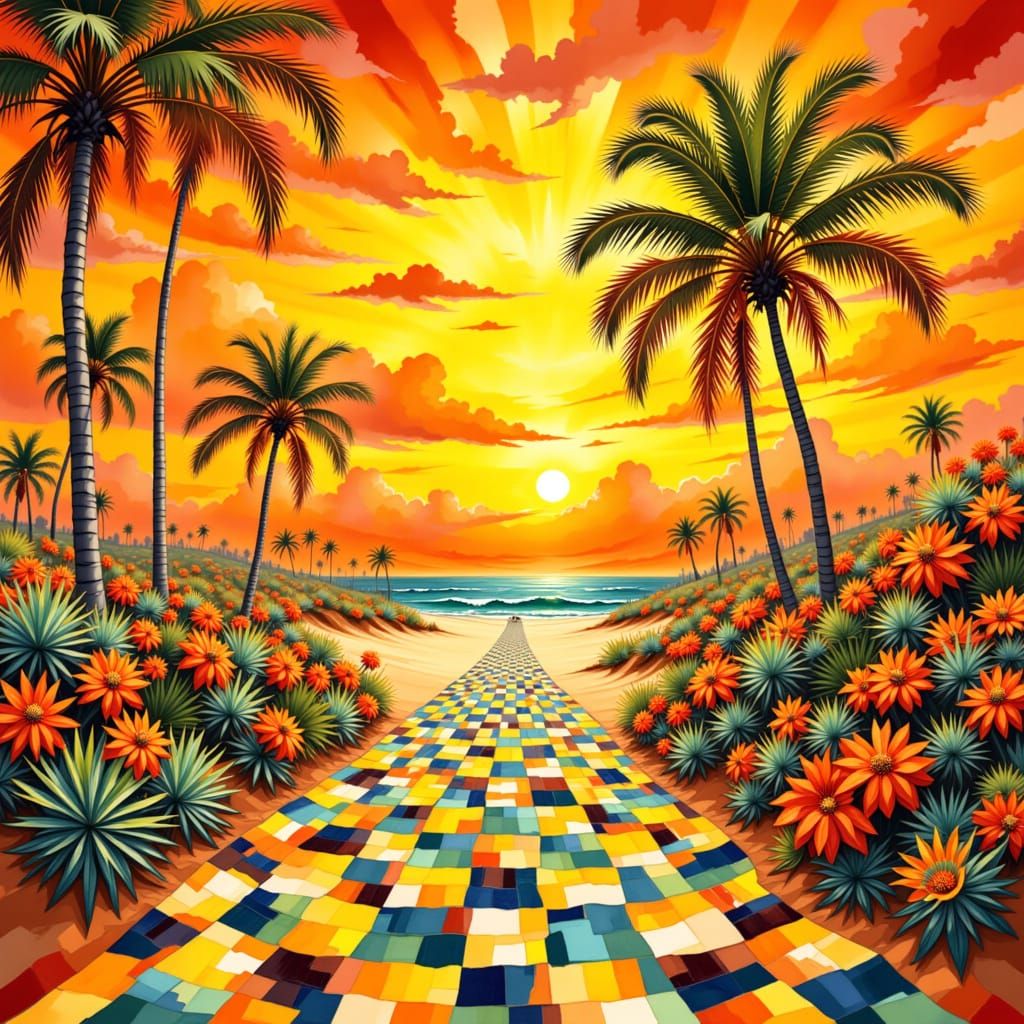 Sunset Beach with Tessellated Path in Geometric Style