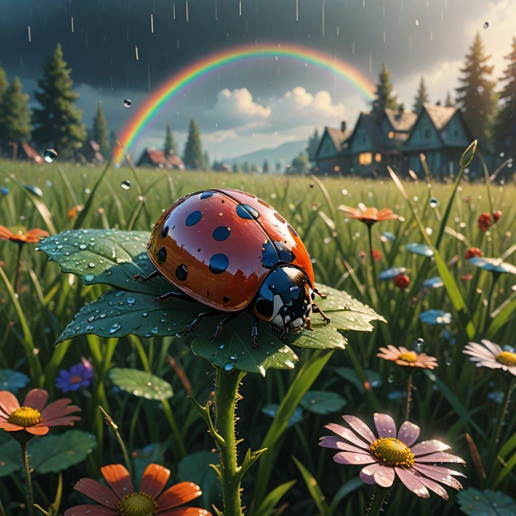 Ethereal Fantasy Landscape with Ladybug in Whimsical Wonderl...
