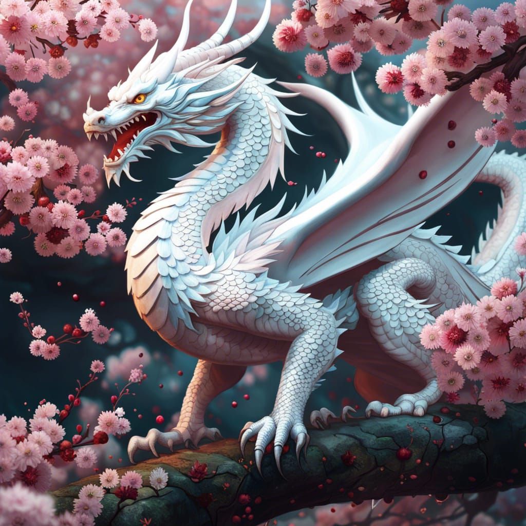 White Dragon in Cherry Blossoms, Hyperdetailed Fantasy Art