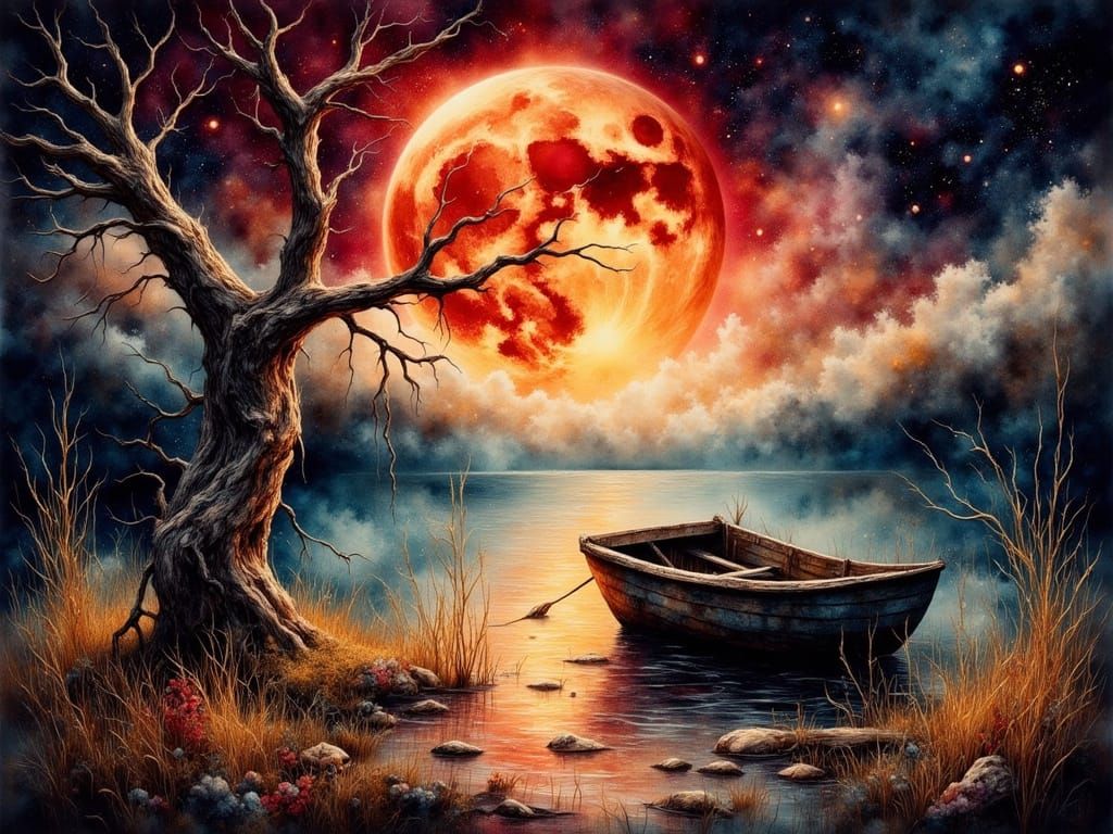 Weathered Rowboat Under Blood Moon in Watercolor Style