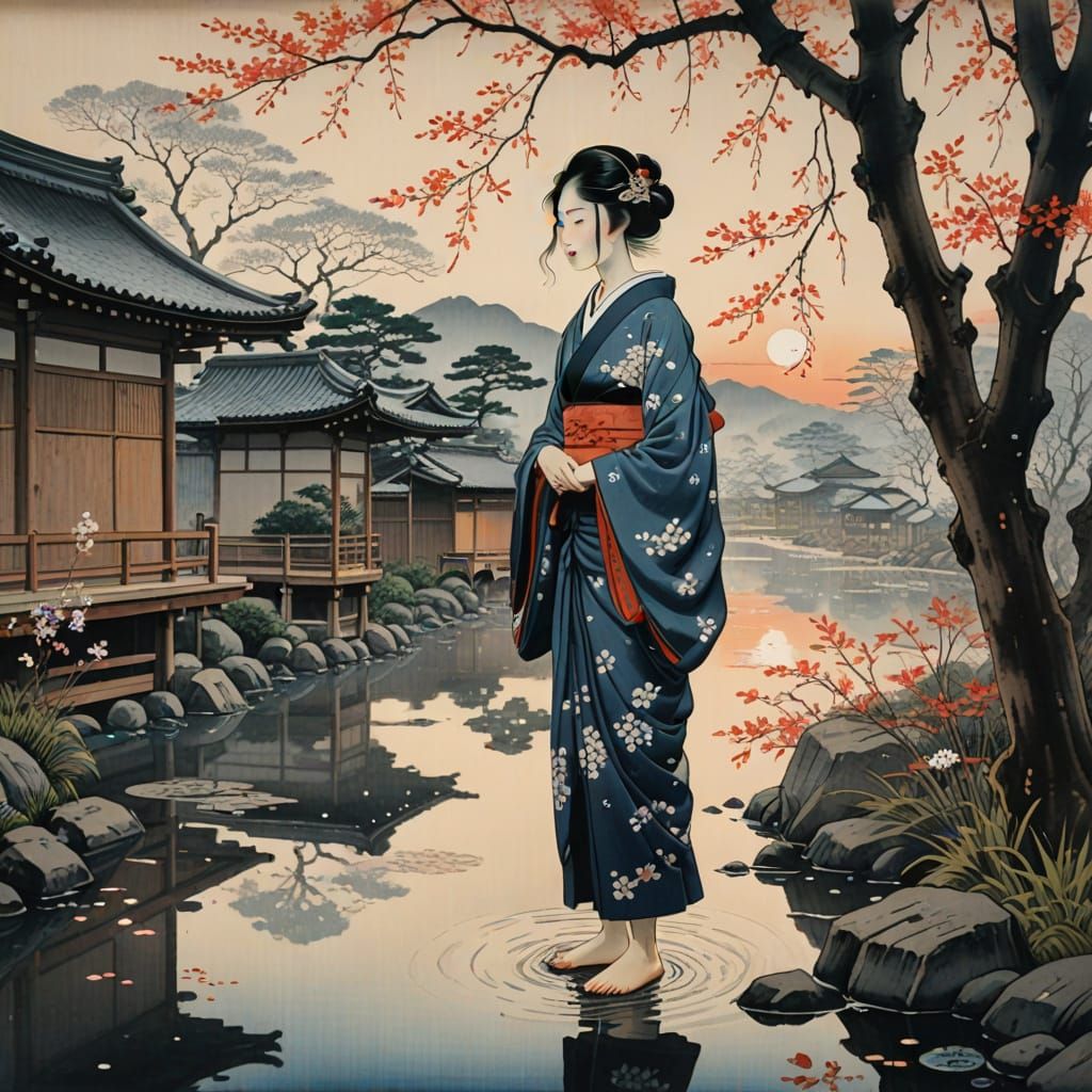 Japanese Woman Washes Feet in Dew: Ukiyo-e Style