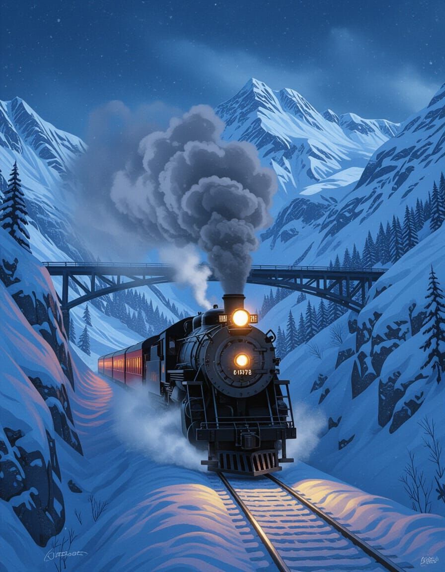 Dramatic Snowy Mountain Pass Steam Train Journey