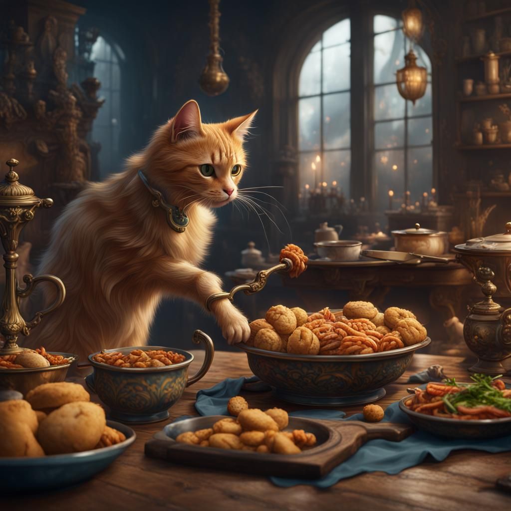 Cat Steals Food in Detailed Matte Painting