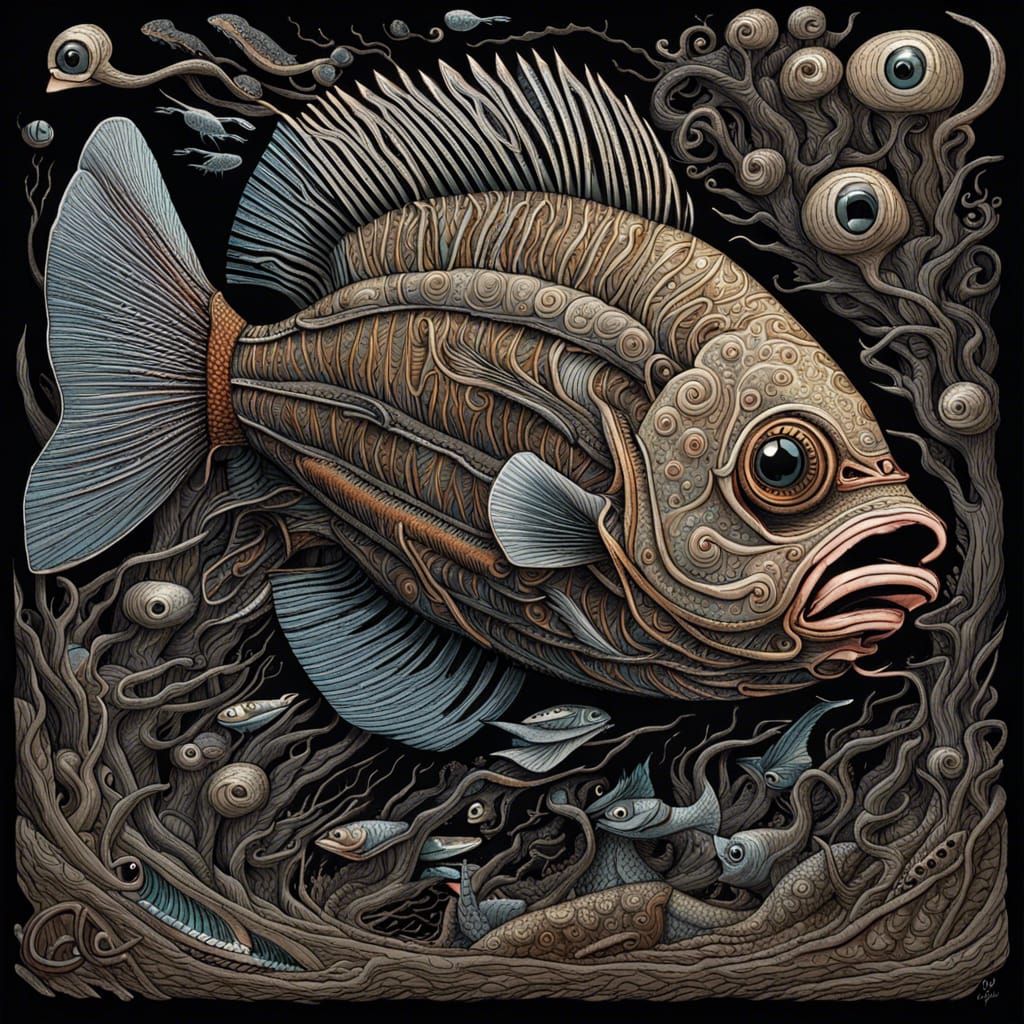 Surreal Glassfish Accordion Artwork in Woodcut Style